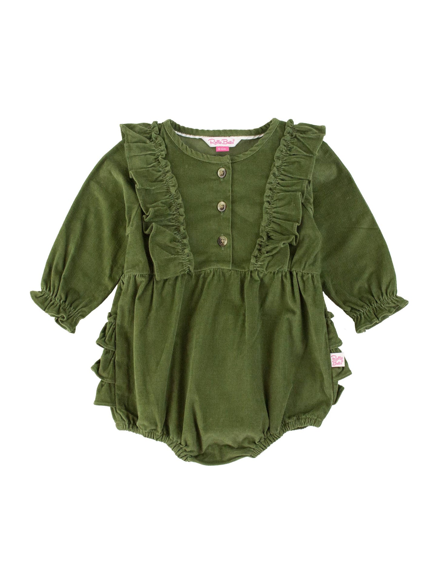 Baby Girls Dusty Olive Stretch Corduroy Waterfall Bubble Romper