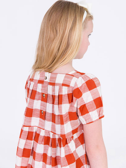 Girls Rust Plaid Puff Short Sleeve Tiered Dress