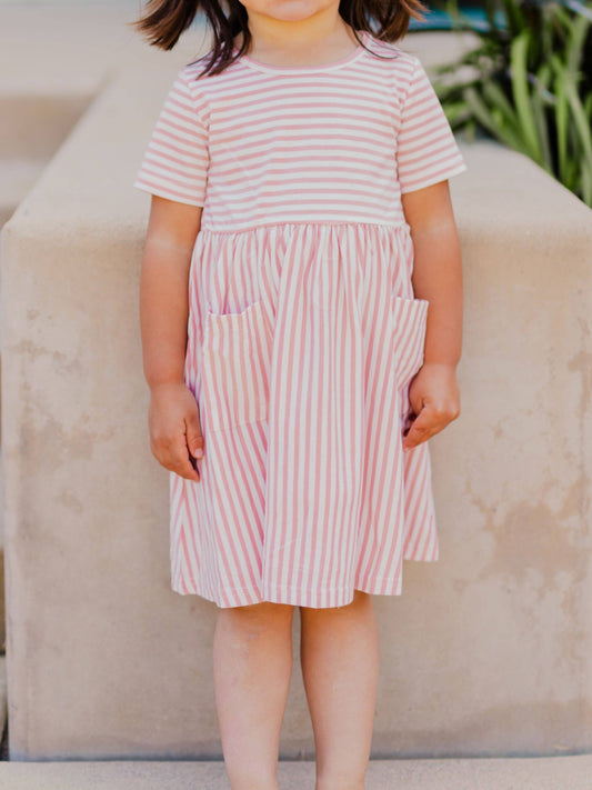 Light Pink Striped Pocket Little Girls Dress