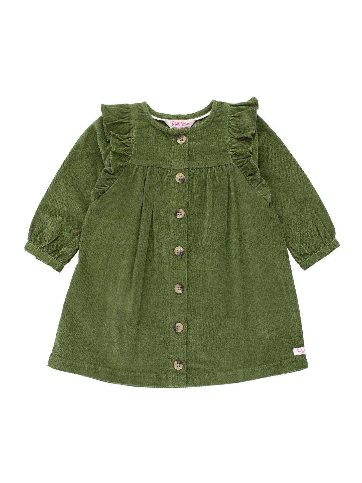 Girls Dusty Olive Stretch Corduroy Ruffle Detail Dress