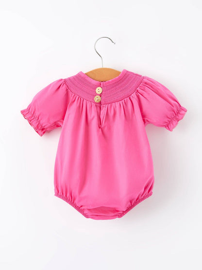 Girls Bow Smocking Embroidery Hot Pink Romper