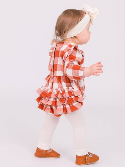 Baby Girls Rust Plaid Woven Flutter Bubble Romper