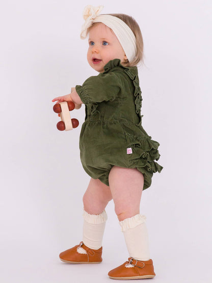 Baby Girls Dusty Olive Stretch Corduroy Waterfall Bubble Romper