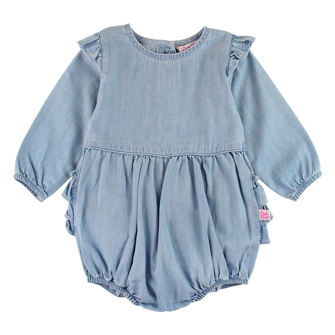 Baby Girls Light Wash Denim Long Sleeve Flutter Bubble Romper