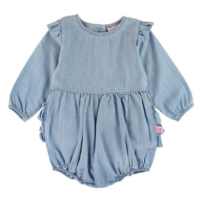 Baby Girls Light Wash Denim Long Sleeve Flutter Bubble Romper