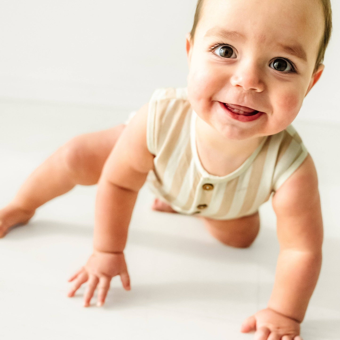 Organic Sleeveless Bubble Romper - Beige Stripes