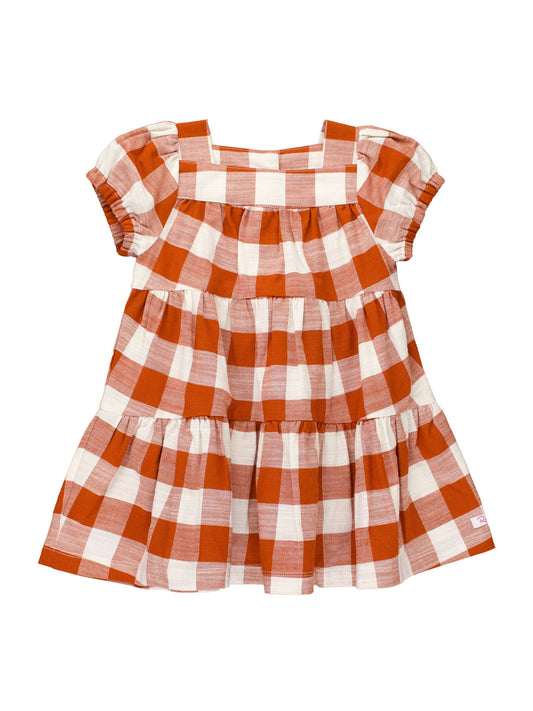 Girls Rust Plaid Puff Short Sleeve Tiered Dress