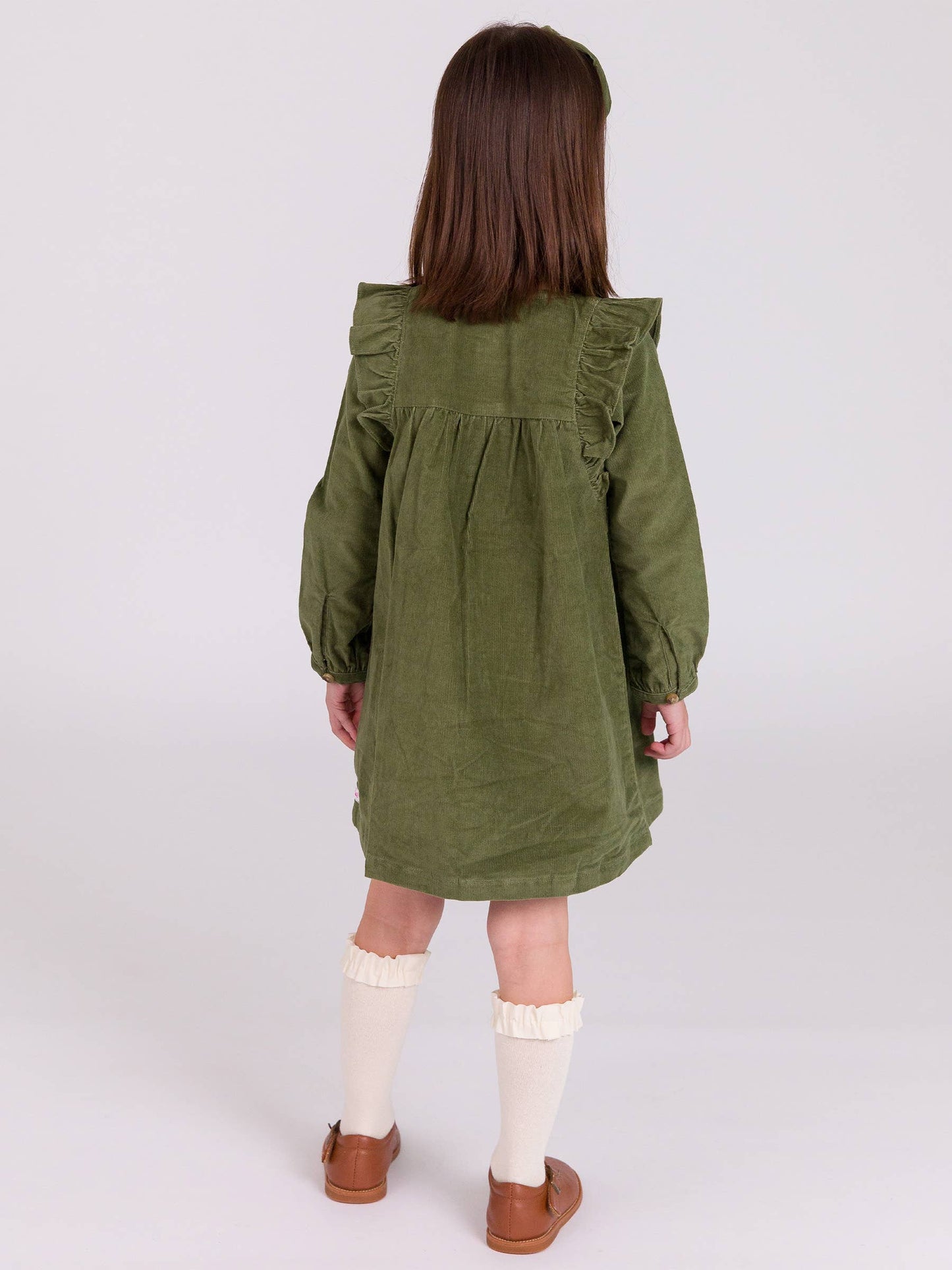 Girls Dusty Olive Stretch Corduroy Ruffle Detail Dress