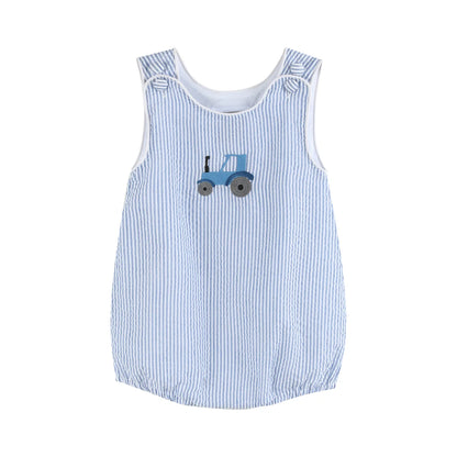 Dark Blue Tractor Seersucker Bubble Romper