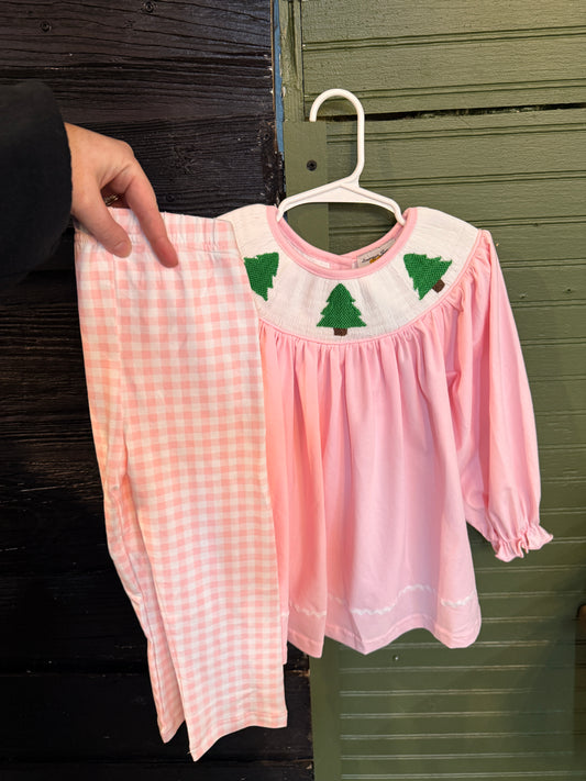 Christmas Tree Smock Pink Girls Set