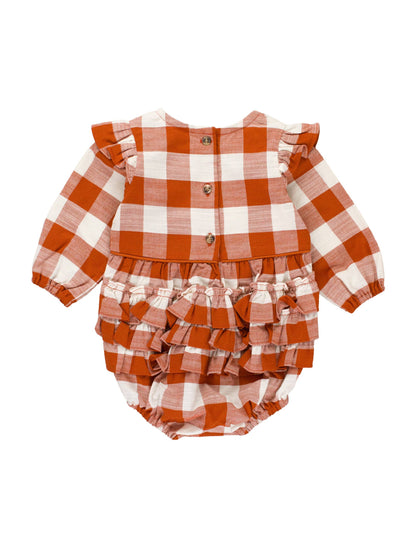 Baby Girls Rust Plaid Woven Flutter Bubble Romper