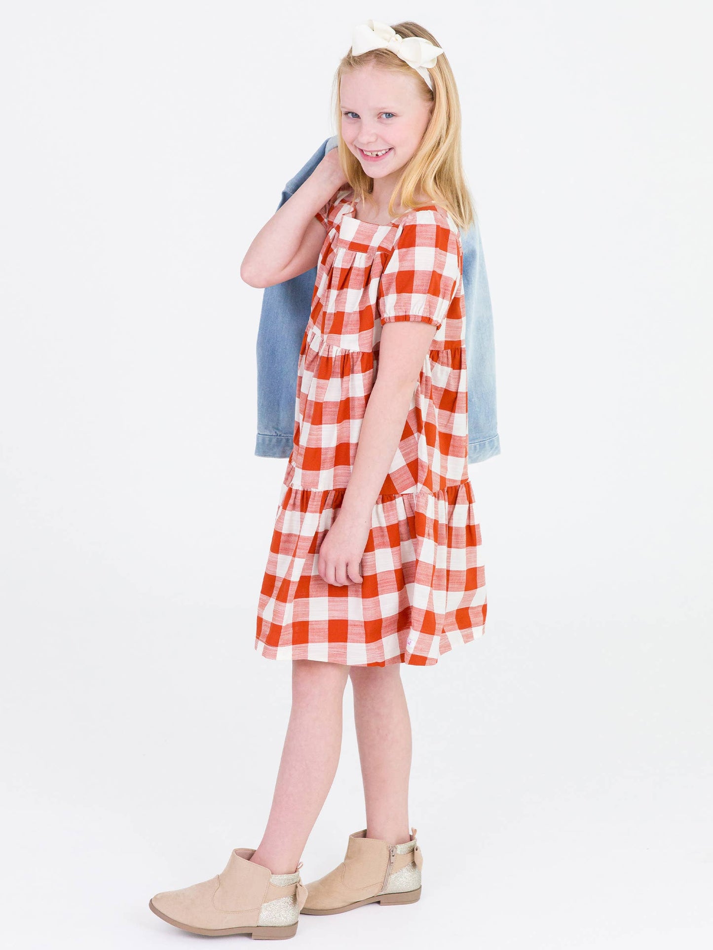 Girls Rust Plaid Puff Short Sleeve Tiered Dress