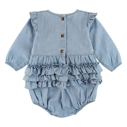 Baby Girls Light Wash Denim Long Sleeve Flutter Bubble Romper