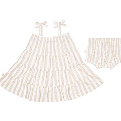 Organic Tiered Strap Dress - Beige Stripes