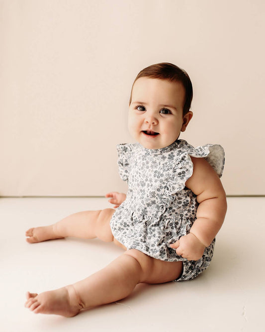 Flutter Sleeve Short Romper- Calico Floral Robin's Egg