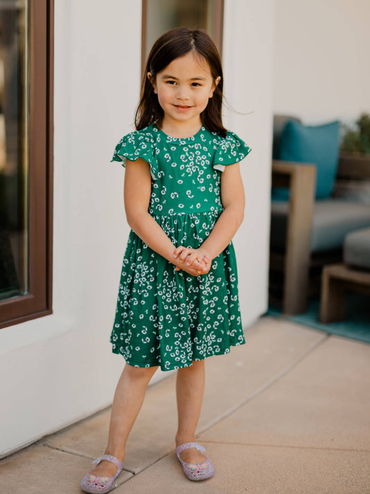 Green Floral Ruffle Sleeve Dress