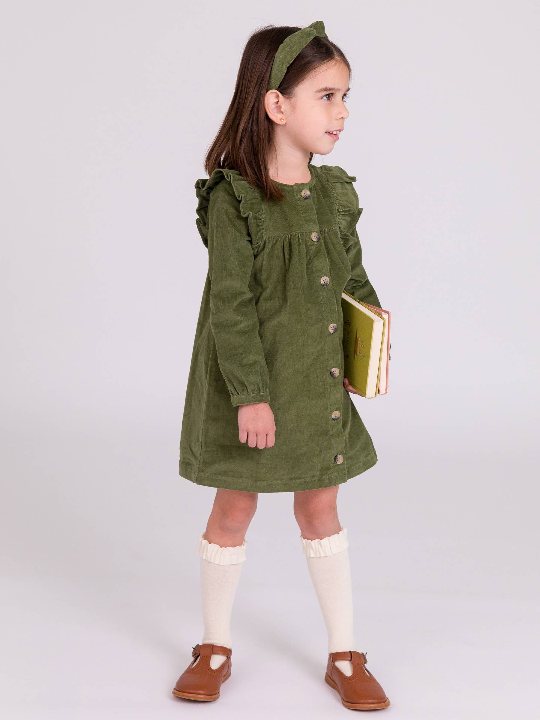 2144193 Girls Dusty Olive Stretch Corduroy Ruffle Detail Dress – OnNix