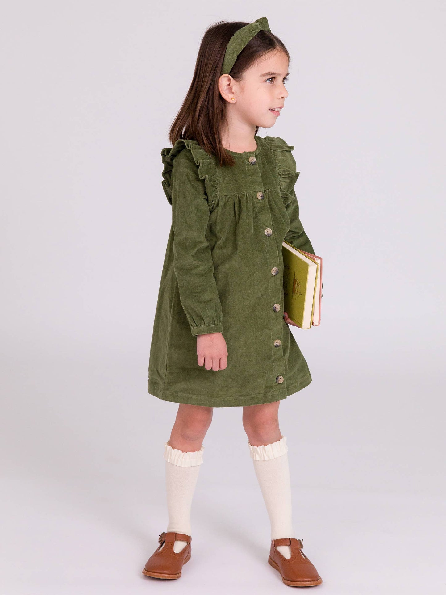 Girls Dusty Olive Stretch Corduroy Ruffle Detail Dress