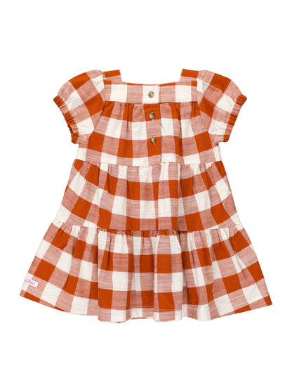 Girls Rust Plaid Puff Short Sleeve Tiered Dress