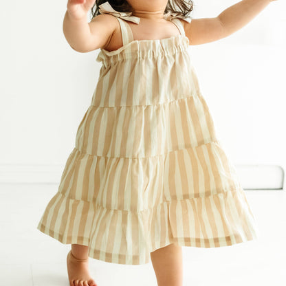 Organic Tiered Strap Dress - Beige Stripes