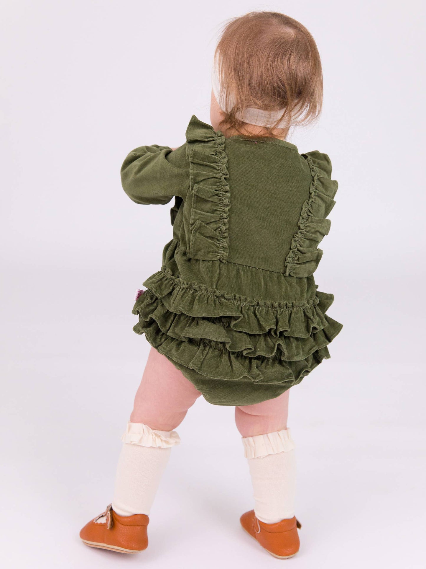 Baby Girls Dusty Olive Stretch Corduroy Waterfall Bubble Romper