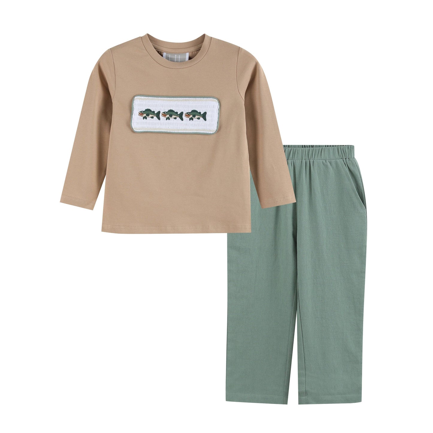 Oyster Brown Big Mouth Bass Smocked Shirt and Pants Set