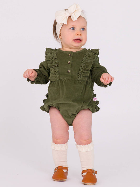 Baby Girls Dusty Olive Stretch Corduroy Waterfall Bubble Romper