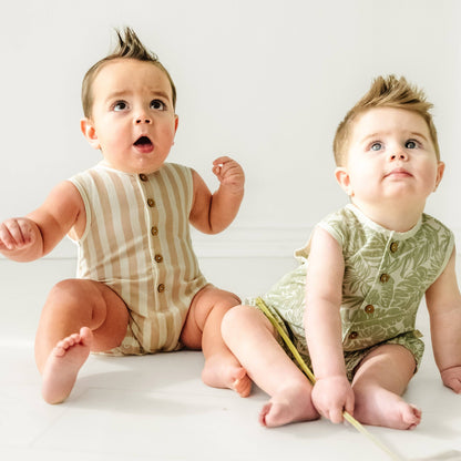 Organic Sleeveless Bubble Romper - Beige Stripes