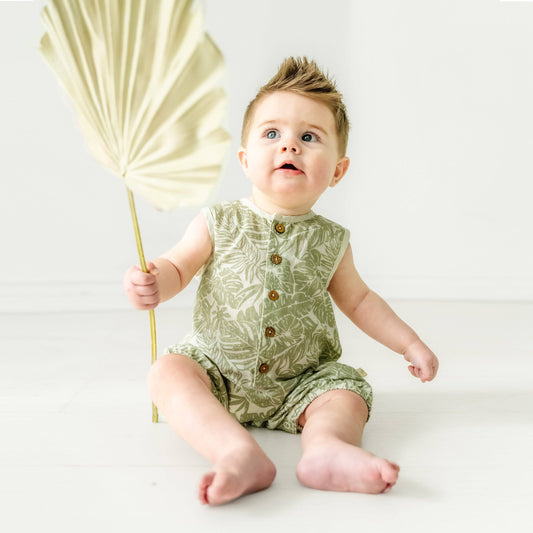 Organic Sleeveless Bubble Romper - Palms